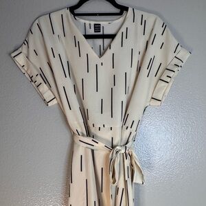 SHEIN Cream Midi Dress with Black Vertical Stripe Tie Waist